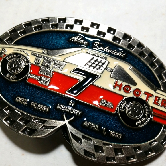 In Memory of Alan Kulwicki Metal Enamel Belt Buckle Dated on the Front W/Racecar - Picture 2 of 7